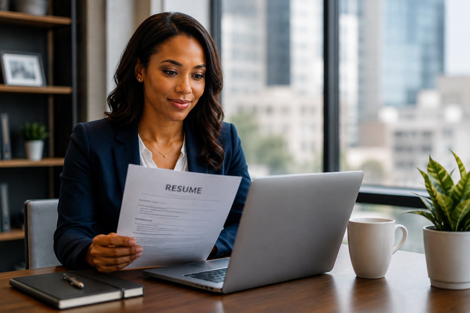 Executive candidate reviewing resume for leadership opportunity with StratFusion